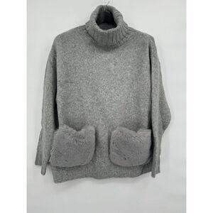 SAKS‎ FIFTH AVENUE Grey Wool/ Alpaca Blend W/ Faux Fur Pockets SWEATER Sz M